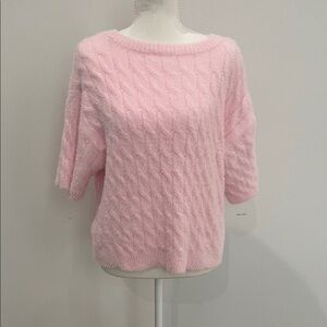 Off-the-Shoulder Cable Knit Short-Sleeve Sweater - Pink